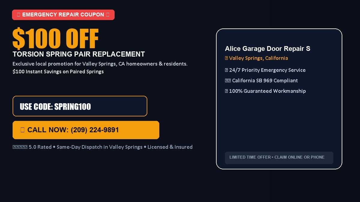 Alice Garage Door Repair Service $100 OFF Dual Torsion Spring Replacement in Valley Springs, CA